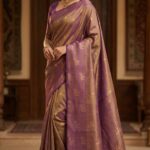 Antique Gold Soft Silk Saree with Purple Border