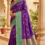 Royal Purple Soft Silk Saree with Green Zari Border