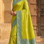 Lime Green Soft Silk Saree with Aqua Floral Zari Border