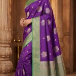 Royal Purple Soft Silk Saree with Green Zari Border