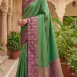 Emerald Green Soft Silk Saree with Purple Temple Zari Border
