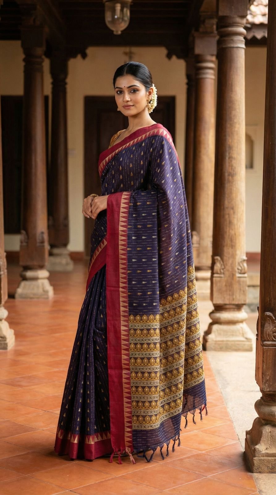 chettinad-handloom-cotton-saree-with-traditional-butta-design-contrast-border-rich-woven-pallu