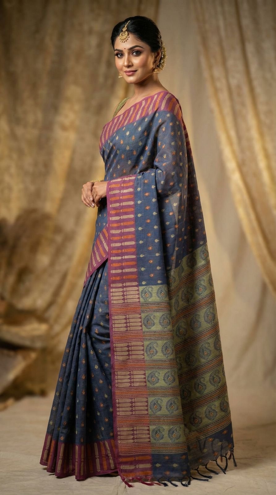 slate-blue-chettinad-handloom-cotton-saree-with-maroon-contrast-border-olive-green-traditional-woven-pallu-retro-fashions