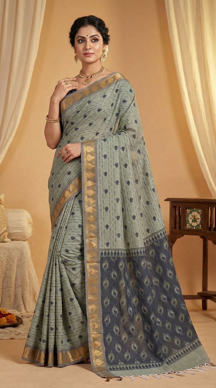 chettinad-handloom-cotton-saree-with-small-butta-design-gold-woven-border-contrast-paisley-pallu