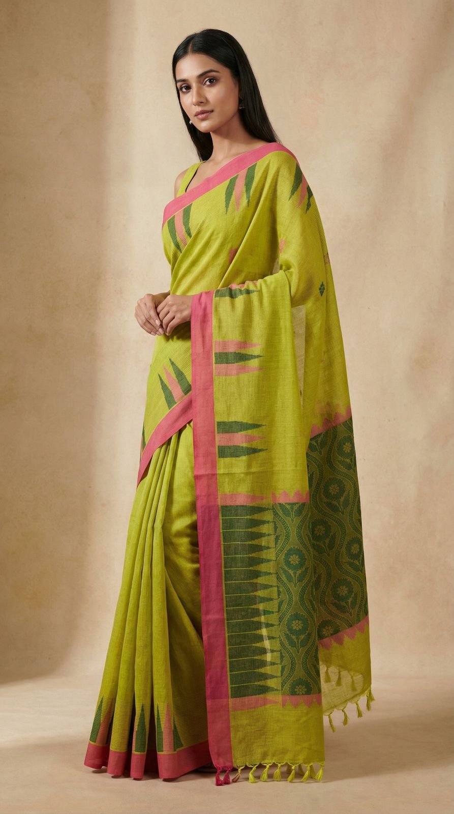 lime-green-silk-cotton-saree-with-pink-contrast-border-temple-motifs-dark-green-woven-pallu