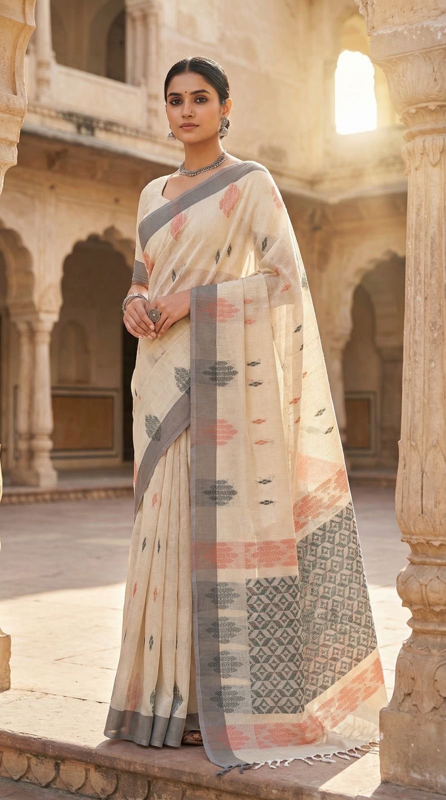 chettinad-handloom-cotton-saree-with-geometric-motifs-contrast-border