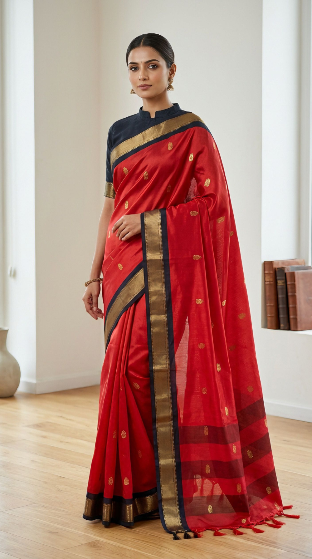 maheshwari-butta-semi-silk-saree-with-contrast-zari-border-striped-pallu