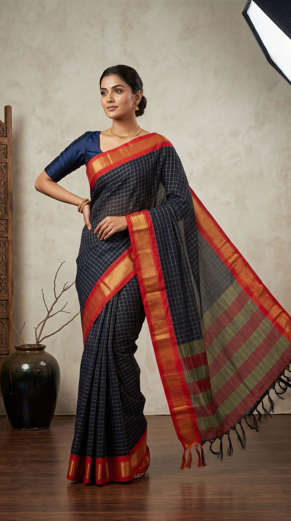 maheshwari-checks-semi-silk-saree-with-contrast-zari-border-striped-pallu