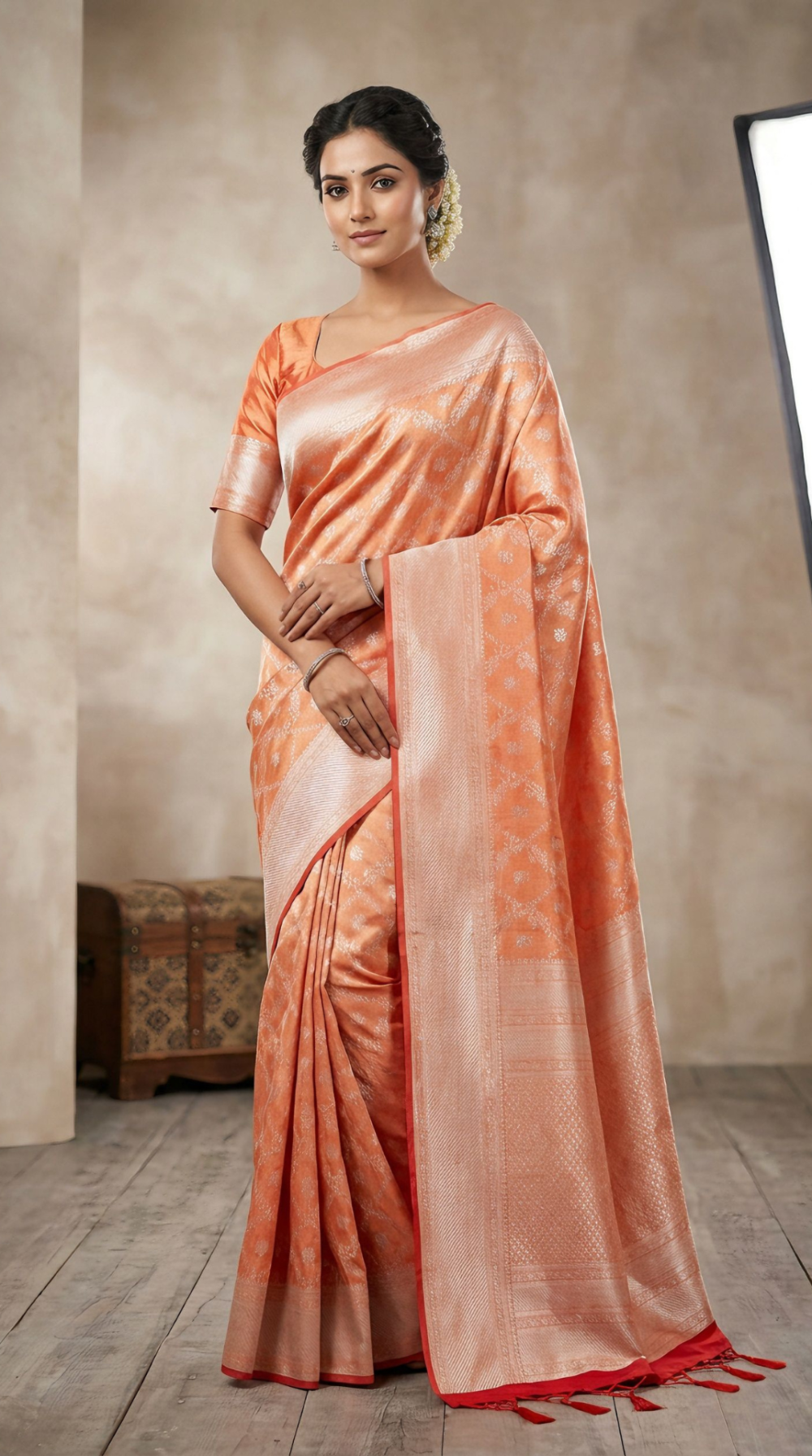 peach-orange-tissue-soft-silk-saree-with-silver-zari-geometric-weave-rich-pallu