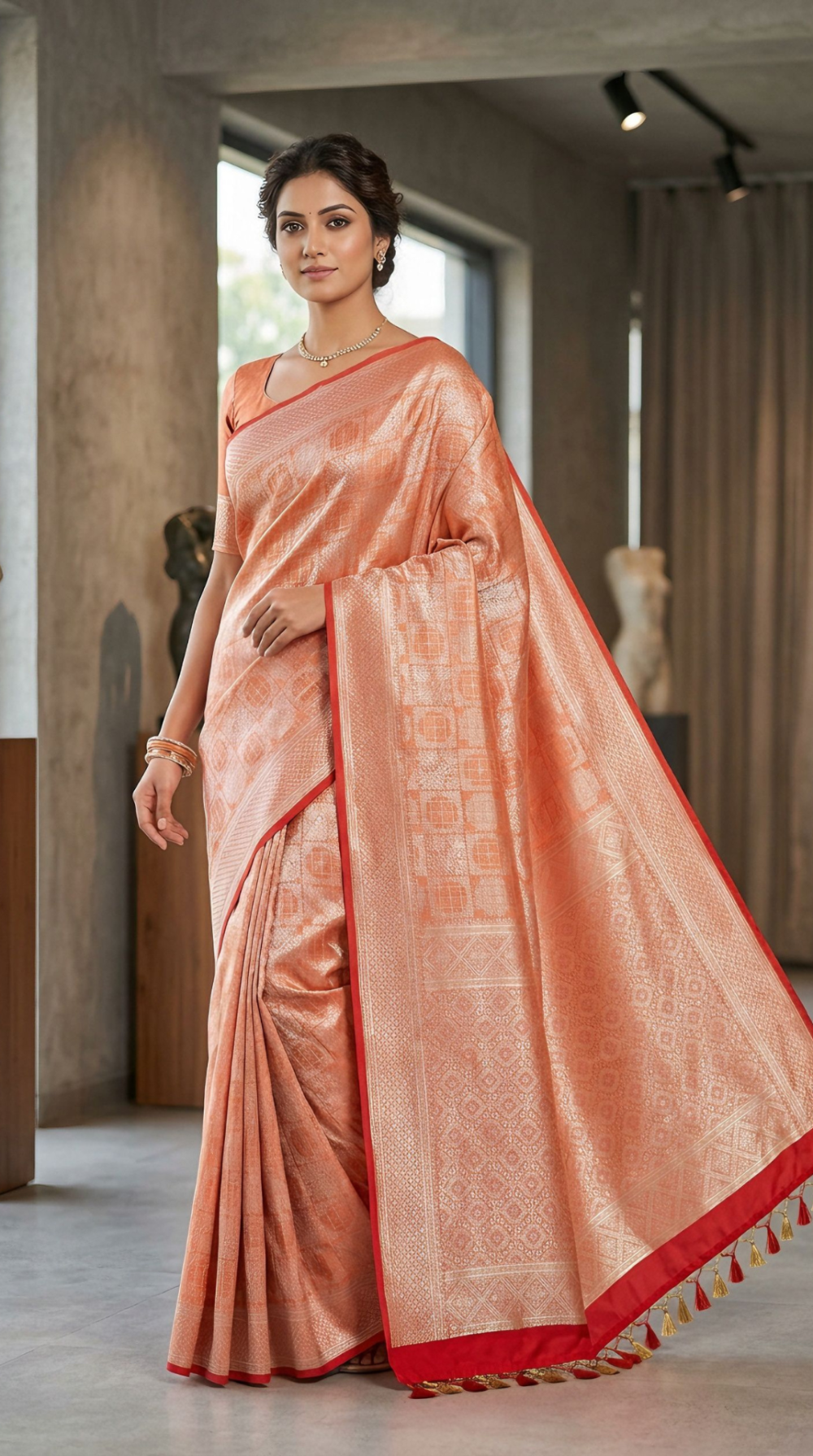 peach-tissue-soft-silk-saree-with-all-over-zari-woven-pattern-contrast-red-border-rich-pallu