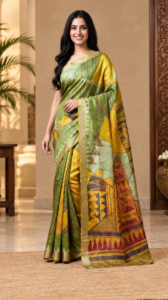 olive-green-geometric-digital-print-tussar-silk-saree-with-mustard-design-pallu