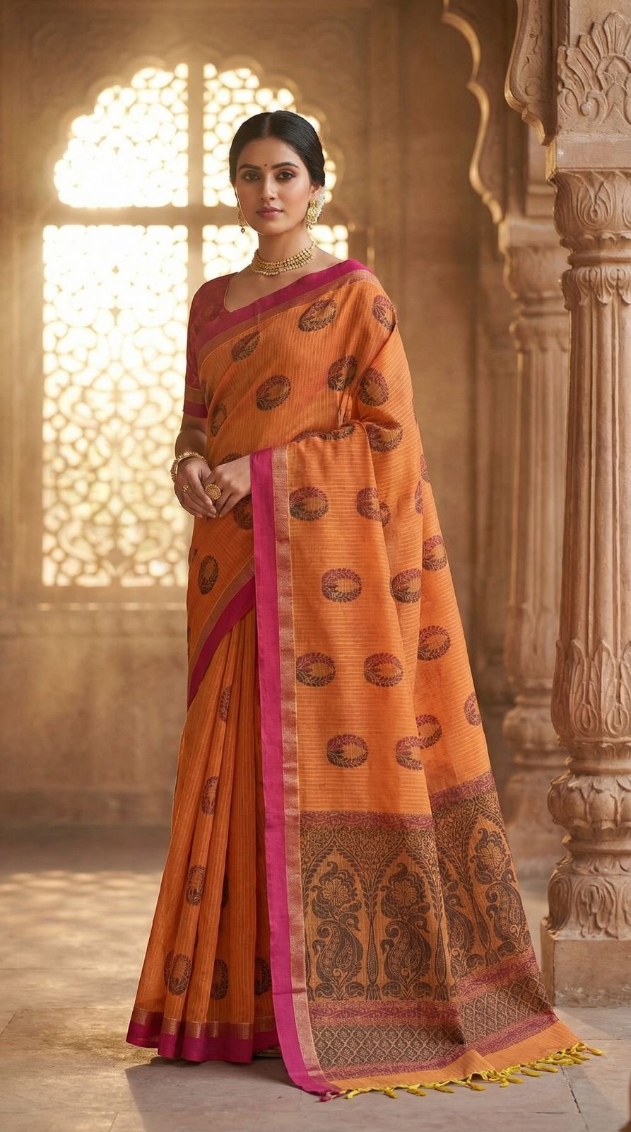 buy-burnt-orange-chettinad-handloom-cotton-saree-with-magenta-border-traditional-paisley-pallu-retro-fashions