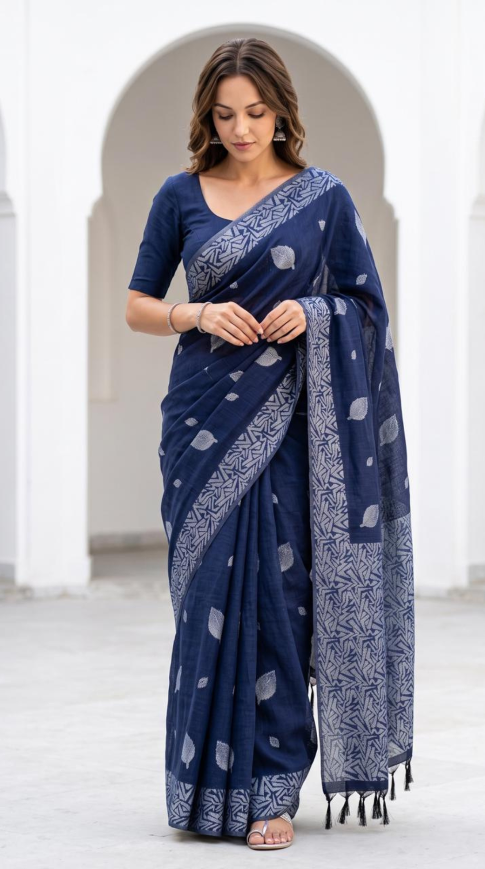 premium-linen-cotton-saree-with-silver-woven-leaf-motifs-designer-border