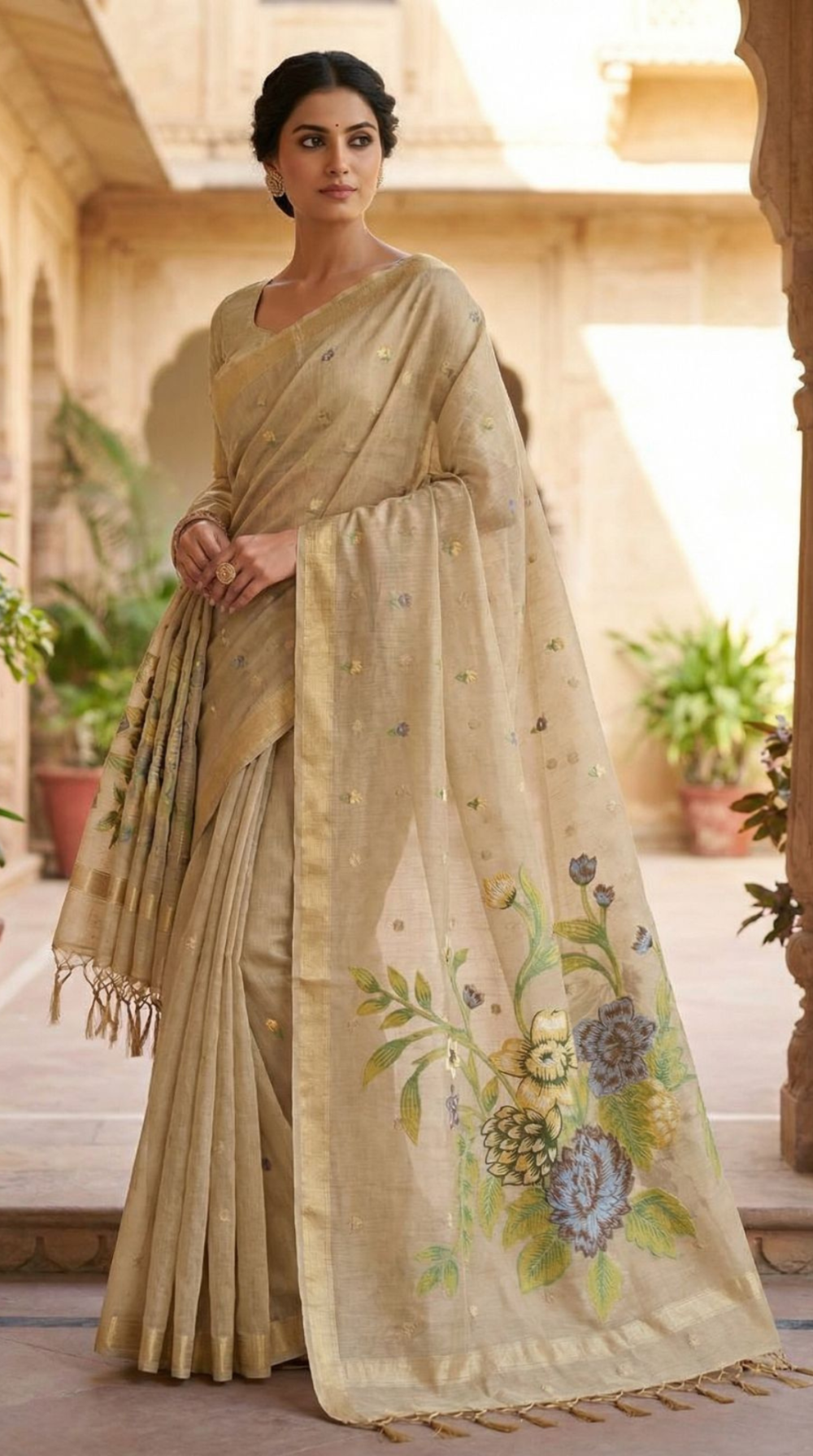 linen-cotton-saree-with-floral-printed-pallu-elegant-border